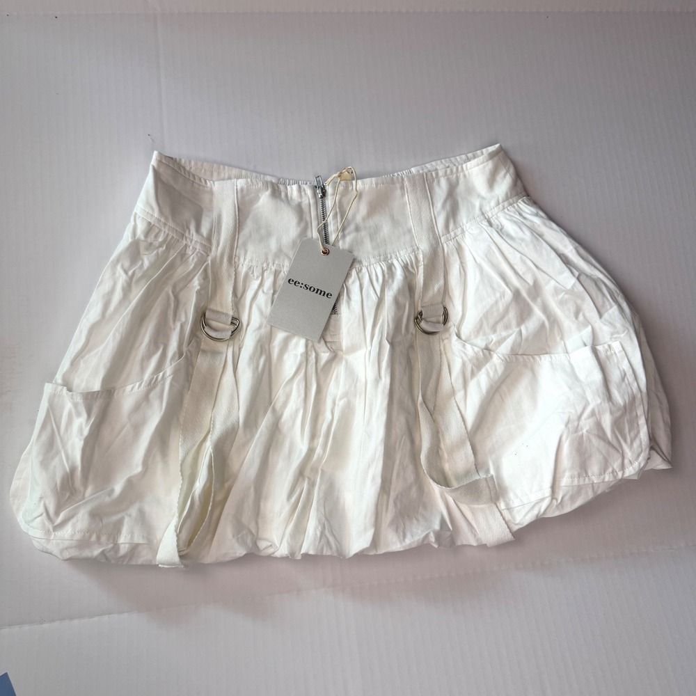 ee:some White Bubble Mini Skirt Cargo Utility D-Ring Smocked Back Small NWT